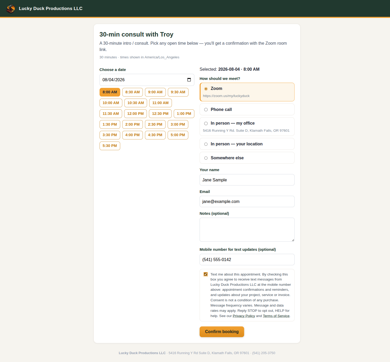 Step 3 of the booking form: the mobile number has been entered and the SMS consent checkbox has been ticked, showing the full consent disclosure with links to the privacy policy and terms of service.